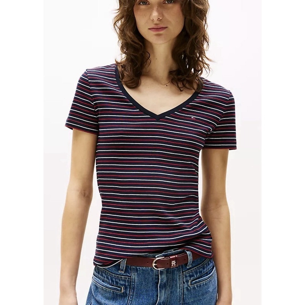 Tommy Hilfiger‎ Striped V Neck T-Shirt Women L Black Red Preppy Y2K Inspired